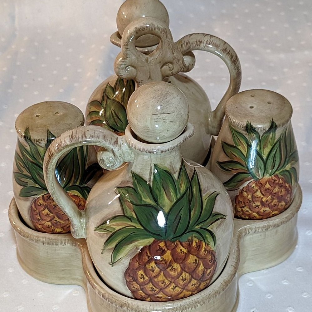 RARE Vintage Tropical Pineapple Condiment Hand Painted Dario Farrucci  5 Pieces